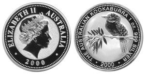1oz silver kookaburra forgery (2000) 31g, 40mm